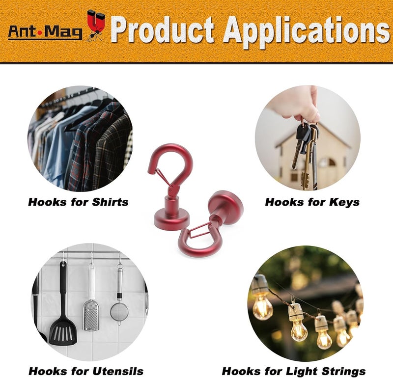 Ant Mag Magnetic Hooks Heavy Duty with Snap 22lbs Strong Red Magnet Hooks Great Hanging for Refrigerator, Cruise Cabin, Grill, Wreath,Kitchen,Office 8 Pack - Image 5